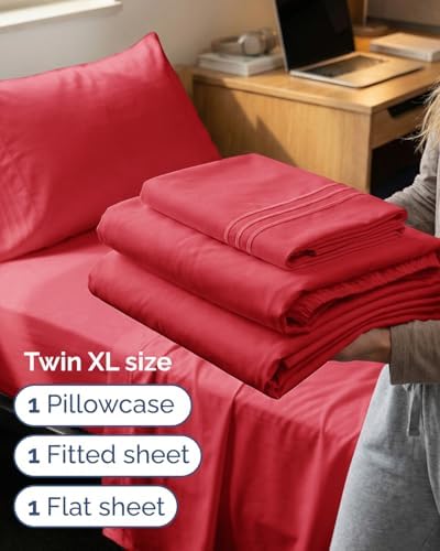 Twin XL 3 Piece Sheet Set - College Dorm Room Essentials - Red - Image 3
