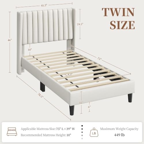 Yaheetech Twin Bed Frame with Headboard,Ivory Channel-Tufted Platform - Image 2