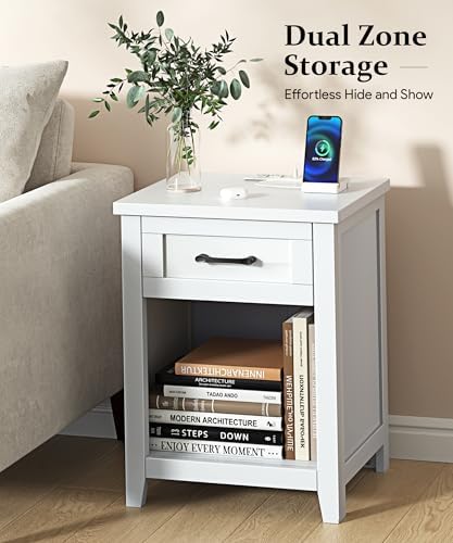 Decofy Farmhouse Nightstand with Charging Station, Pure White - Image 4