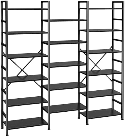 SUPERJARE Triple Bookshelf, Bookcase with 17 Open Display Shelves, Wide Book Shelf Book Case for Home & Office, 6 Tier, Black, ABC003B by SUPERJARE