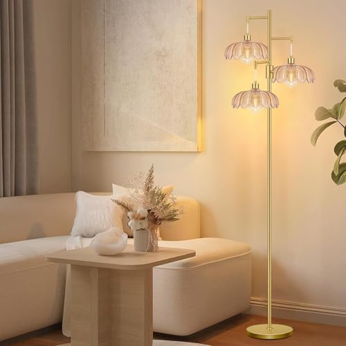 Dimmable Floor Lamp for Living Room Bedroom-3 Light Gold Floor Lamp with Glass Lampshape, Flower Tall Lamp Mid Century Modern Standing Lamp Glass Tree Floor Lamps for Living Room Bedroom,Corner - Image 7