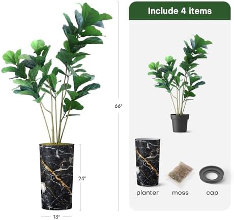 Artificial Tree in Modern Granite Effect Planter, Fake Ficus Lyrata Silk Trees for Indoor and Outdoor Home Decoration - 66" Overall Tall (Plant Pot Plus Tree) - Image 3