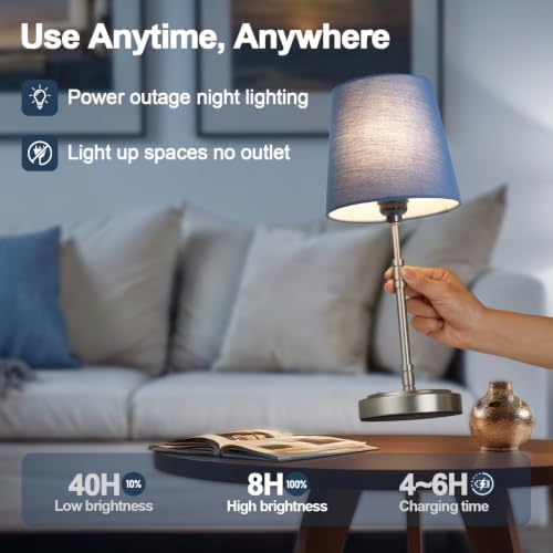 Cordless Table Lamps Set of 2 – Battery Operated Lamp with 7500mAh Rechargeable Battery, Stepless Dimmable Brushed Nickel Lamps with Blue Shade, Wireless Lamps for Dining Room (Bulbs Included) - Image 3