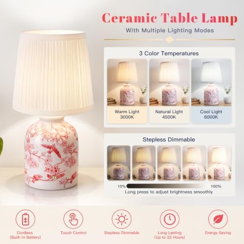 ShineTech Rechargeable Cordless Small Ceramic Table Lamps Set of 2, Red - Image 3