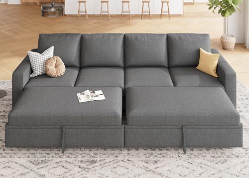 HONBAY Modular Sectional Sleeper Sofa Bed, with Pull Out Bed, Linen Convertible Sectional Couches for Living Room - Dark Grey by HONBAY