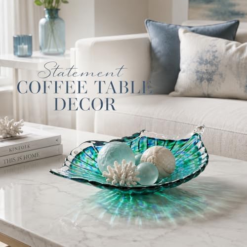 Hand Blown Glass Seashell Fruit Bowl,Gradient Decorative Glass Bowl for Kitchen Countertop,Coastal Seashell Serving Tray for Fruit Snacks,Art Table Centerpiece for Beach House Kitchen Decor (Teal) - Image 3