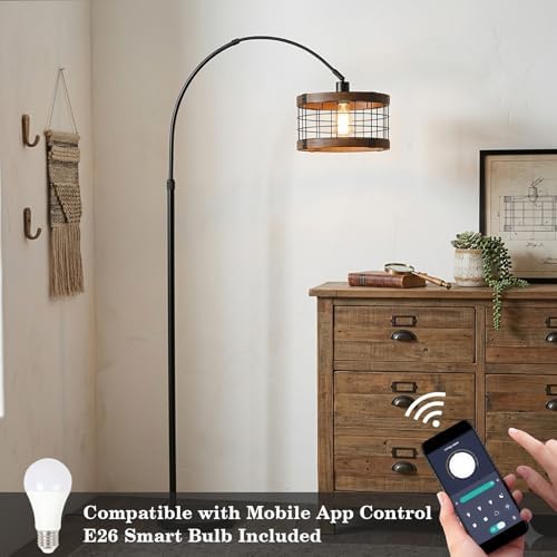 Arc Floor Lamps for Living Room with Remote and Dimmable LED Bulb, Vintage Wood Floor Lamp for Bedroom, Farmhouse Standing Lamp for Corner, Industrial Black Tall Lamp, Over Couch Arched Reading Light - Image 5