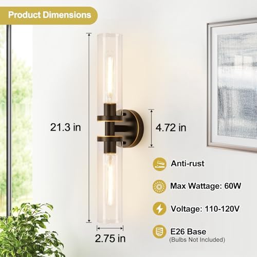 Indoi Wall Sconces Set of Two, Hardwired Brown Bathroom Sconces Wall Lighting with Clear Glass, Modern Sconces Wall Decor Set of 2 Bathroom Light fixtures for Mirror Hallway (Bulbs Not Included) - Image 4