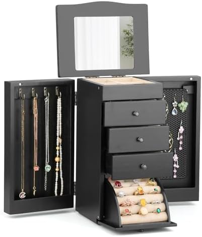 Meangood Jewelry Box Jewelry Organizer, 5-Layer Wooden Jewelry Organizers and Storage Boxes for Women Girls, Ring Earring Bracelet Necklace Holder Organizer with Mirror & Drawers(Black) by Meangood