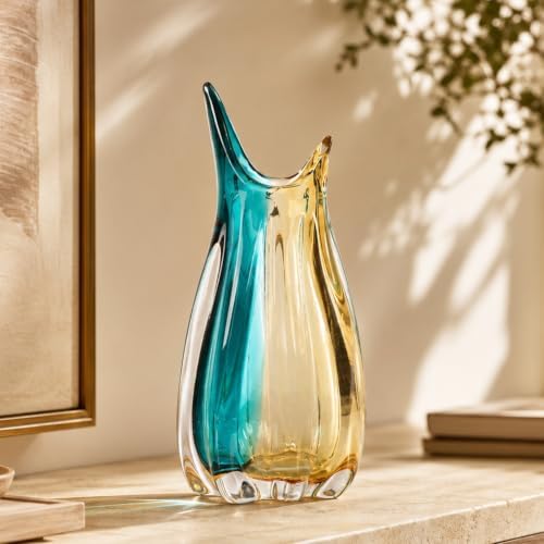 Hand Blown Teal Amber Colorblock Glass Vase, Modern Home Table Centerpiece - Image 6