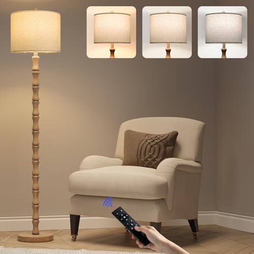 BOBOMOMO 62" Rustic Farmhouse Floor Lamp with Remote & Dimmable 9W Bulb, 3 Color Temperatures Resin Standing Lamp, Retro Corner Tall Lamp for Living Room, Bedroom, Nursery, Office, Reading Nock by BOBOMOMO