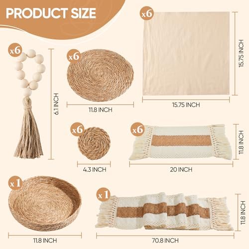 32 Pcs Boho Placemats Table Setting Set (6 Sets),Hand-Woven Natural Water Hyacinth Mats,Cloth Napkins,Napkin Rings,Linen Runner,Storage Basket&Coasters,Boho Kitchen Decor Dining Table Decor - Image 2