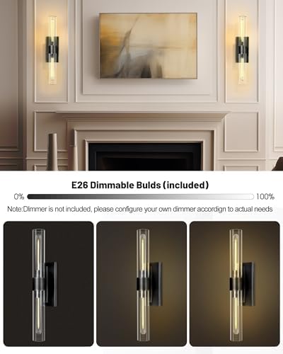 Black Wall Sconces, 22.8" Bathroom Sconces, Sconces Wall Lighting 2-Light, Bronze Wall Sconces Set of Two, Vanity Lights Tube Sconce, Glass Wall Sconce for Living Room, Bedroom, Hallway - Image 6