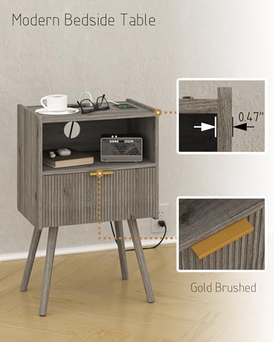 JOONEE Nightstand with Outlet,Modern Bedside Table with Storage Drawer and Open Wood Shelf, for Living Room, Bedroom and Small Spaces, Accent Night Stand with Solid Wood Legs, Easy Assembly,Grey Oak - Image 5