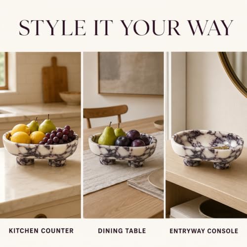 Calacatta Viola Marble Fruit Bowl, 10 Inch Large Oval Stone Fruits Holder with 2 Legs, Luxury Decorative Bowl for Kitchen Counter & Dining Table - Image 7