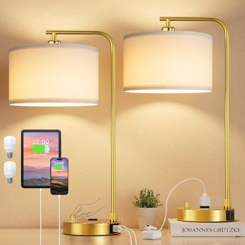 Gold Bedside Lamps Set of 2, Fully Dimmable Lamps for Night Stands, USB A+C by Innqoo