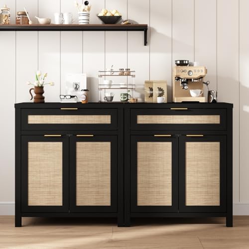 HOKYHOKY 60" Rattan Sideboard Buffet Cabinet, Boho Storage Cabinet, 2PCS by HOKYHOKY