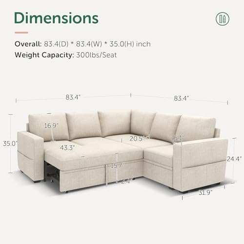 HONBAY Modular Sectional Sleeper Sofa with Pull Out Bed, L Shaped Couch with Storage Seat, Convertible Sectional Couches for Living Room, Beige - Image 2