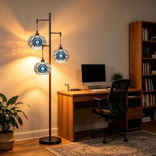 QIYIZM Turkish Floor Lamp for Living Room,Bedroom,Moroccan Mosaic Standing Lamp Stained Glass Lamps Black Mid Century Tall Lamps Unique Tree 3 Light Vintage Retro Wood Floor Lights Boho Tiffany Style - Image 7