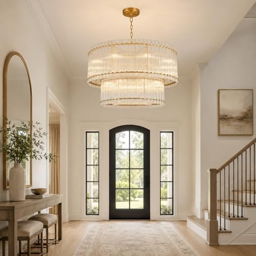 48-Inch Ripple Glass Chandelier, 3-Tier 20-Light Large Brass Round Chandelier for Dining Rooms, Living Rooms, Foyers, Staircases, Open-Concept Spaces & High Ceilings - Image 5