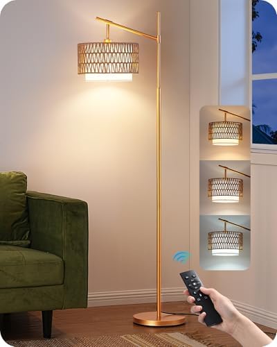 EDISHINE Rattan Arc Floor Lamp with Remote,Gold Farmhouse Standing Lamp by EDISHINE