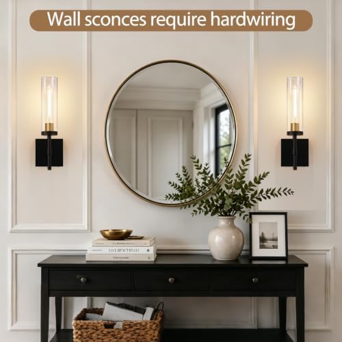 Hardwired Wall Sconces, Black and Gold Bathroom Sconces Wall Lighting with Clear Glass, Modern Sconces Wall Decor Set of 2 Bathroom Light fixtures for Mirror Hallway - Image 5