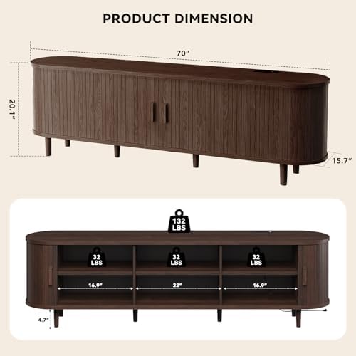 70" Mid Century Modern TV Stand with Power Outlet, Fluted Entertainment Center with Storage and Adjustable Shelves, Wood TV Console with Sliding Doors for Living Room, Walnut - Image 3