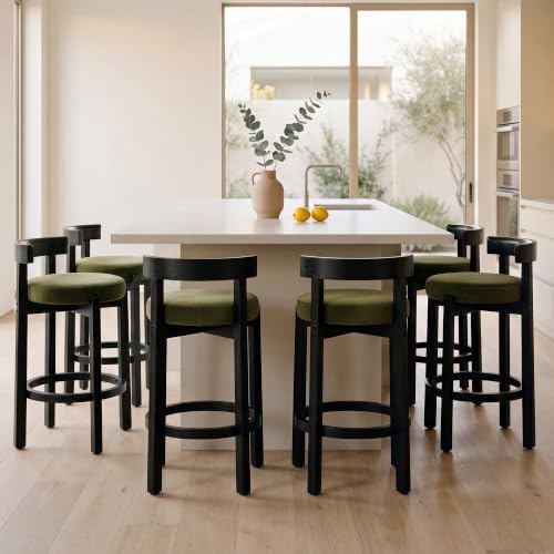 LukeAlon Mid Century Velvet Counter Stools Set of 6, Upholstered 26.5” Seat Height Barstools with Black Wood Legs Retro Modern Round Kitchen Stools with Footrest for Dining Room Bar Coffee Shop, Green by LukeAlon