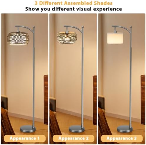 Ambimall Arc Floor Lamp with Remote & Rattan Double Shades, Gray Bohemian - Image 3