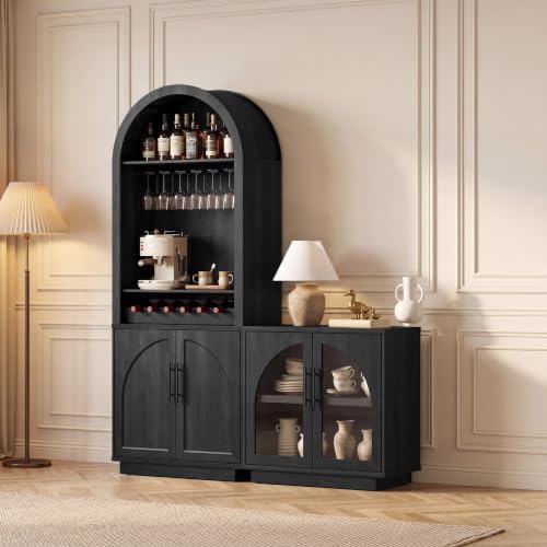 Fatmok Modular Coffee Bar with LED Lighting,Charging Station,Arched Glass Buffet Sideboard,Modern Liquor&Wine Display Storage Cabinet for Living Room,Black Grey(FD,2-Piece) by Fatmok