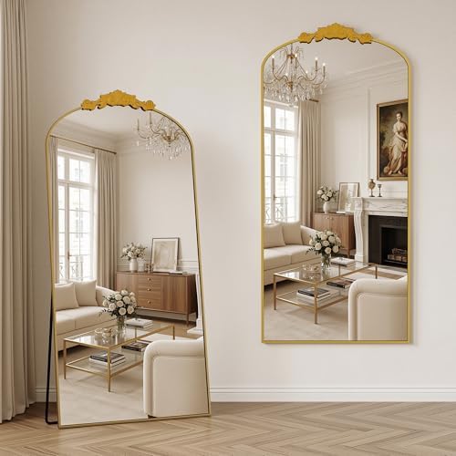 Vintage Full Length Mirror,76"x34" Arched Antique Floor Mirror with Carved Metal Frame,Large Standing Wall Mounted or Leaning Mirror for Bedroom Living Room Entryway,Gold - Image 2