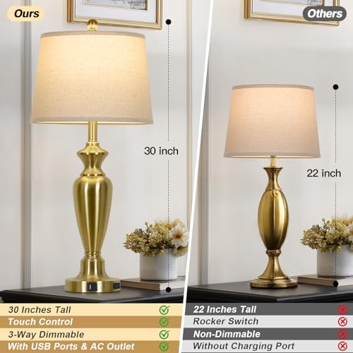 Cinyirong 30" Tall Gold Table Lamps Set of 2, Touch Control Bedside Lamp with USB A+C Ports and AC Outlet, 3-Way Dimmable Modern Metal Nightstand Lamp for Bedroom Living Room, 2 LED Bulbs Included - Image 3