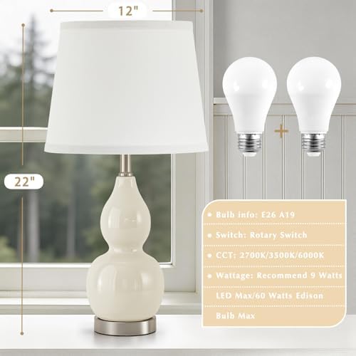 GyroVu 22" Table Lamp Set of 2, Color Temperature Adjustable Double Gourd Ceramic Lamps Classic Nightstand Table Lamps for Bedroom Beside Lamps for Living Room, Cream-Bulbs Included - Image 3