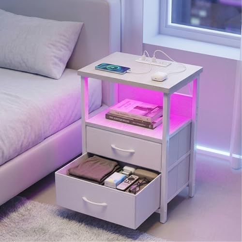Fixwal Night Stand with Charging Station, White Led Nightstand, 2 Drawers - Image 6