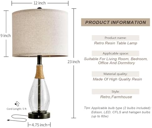 OYEARS 23" Table Lamps for Living Room Set of 2 Bedside Lamps for Night Stands Bedroom Lamps Farmhouse Rattan Boho Lamp Glass Nightlight End Table Lamp with USB C+A (Black),Two Light Points - Image 7