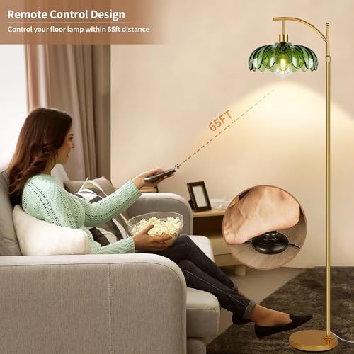 AHDWDW Gold Floor Lamp for Living Room Bedroom with Remote,Unique Vintage Standing Tall Lamp,Mid Century Modern Floor Lamps with Dimmable Bulb,Arc Green Glass Floor Lamps for Office Corner - Image 7