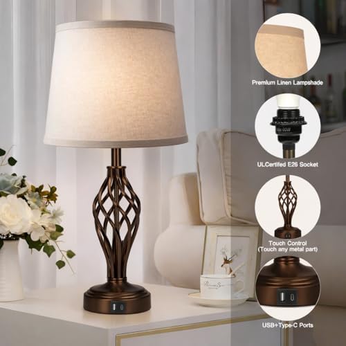 Ruiever Touch Table Lamps Set of 2, nightstand lamp with USB Ports Bedside 3 Way Touch dimmer Desk lamp for Living Room Bedroom,Brown Painted Spiral cage Base Design Warm White dimmer Bulbs Included. - Image 4