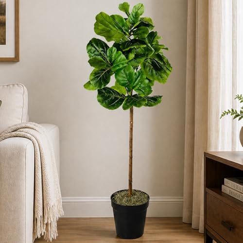 LCG Florals 5ft Artificial Fiddle Leaf Fig Tree - Real Wood Trunk, Preassembled, No Maintenance Indoor Faux Plant in Black Pot - Living Room, Home & Office Decor - Image 2
