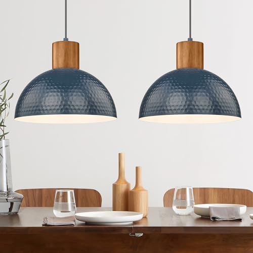 ELYONA Modern Hammered Pendant Light Fixtures with 12" Metal Shade Solid Wood Dome Hanging Pendant Light for Farmhouse Kitchen Island Dining Room Sink Bedroom Hallway Medium 2 Pack Blue by ELYONA