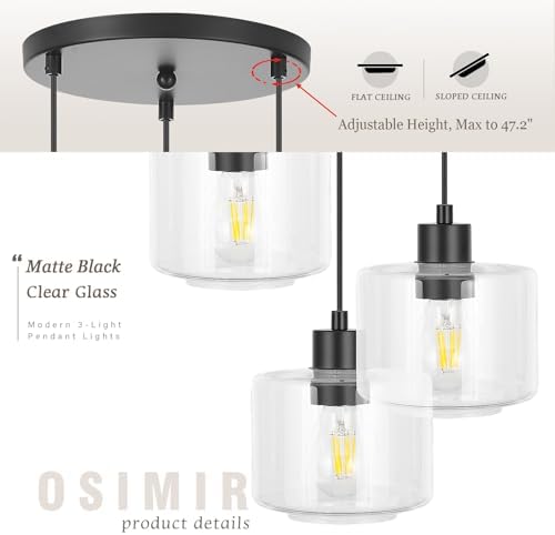 3-Light Pendant Lighting, Black Dining Room Chandelier Light Fixture Over Table with Clear Glass, Modern Cluster Hanging Lights for Kitchen Island Dining Room Sink, OS-YQ8153-3BKC - Image 2