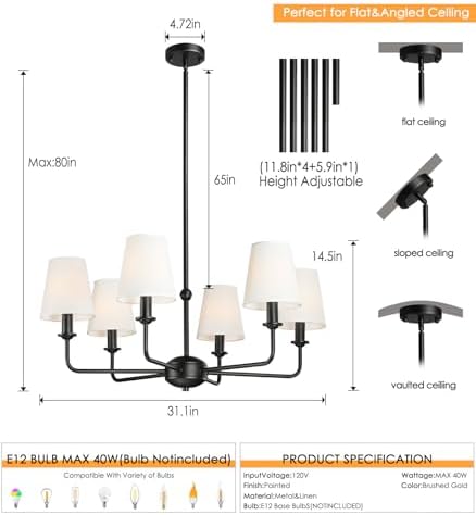 6-Light Black Pendant Chandelier with Fabric Shades, E12 Base - Farmhouse & Industrial Style for Kitchen, Living Room, Dining Room, or Bedroom Lighting - Image 3