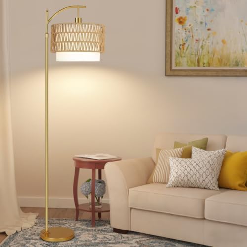 Gold Floor Lamps for Living Room Rattan Boho Floor Lamp with Remote Control & 3 Color Temperature, Dimmable Arc Floor Lamps Wicker Lamp Shades Brass Standing Lamp Tall Floor Lamp For Bedroom Corner - Image 7