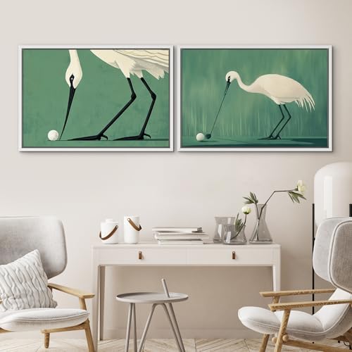 SIGNWIN Framed Canvas Print Wall Art Set Funny Crane Playing Golf Whimsical Bird Illustrations Modern Art Rustic Minimal for Living Room, Bedroom, Office - 16"" x24 x2 White - Image 4