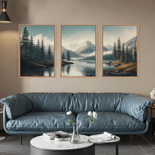 LHIUEM Large Mountain Misty Forest Framed Canvas Wall Art,Nature Ridge Foggy Wall Decor,Snow Lake Woodland Wall Painting,Pine Tree Artwork for Living Room,Bedroom,Dining Room,Office -16"x24"x3 - Image 2