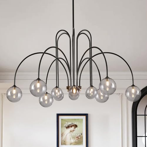 CATINER Modern 52" 12-Light Black Sputnik Chandelier with Smoke Glass Globe by CATINER