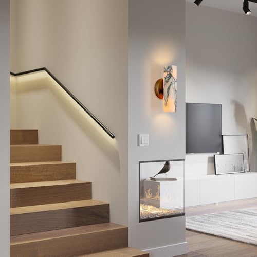 9.45 Inch Alabaster Wall Sconces, Nordic Style Natural Stone Wall Lamp, Marble Lampshade Up and Down Lighting Fixtures, Metal Base Hardwired Indoor Wall Light for Bedroom Bedside Hallway - Image 5
