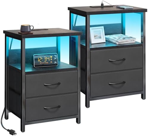 Fixwal Black Nightstands Set of 2, Led Night Stand with Charging Staion by Fixwal