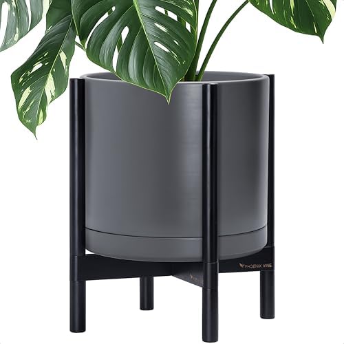 D'vine Dev Ceramic Pot with Ebony Wood Stand, Grey, 14 in, 55-B-S-3 by DvineDevPlanterPotsandStand