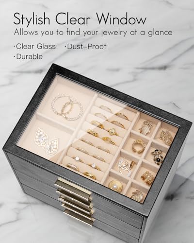 VLANDO 5 Layer Jewelry Box for Women, Glass Lid Jewelry Organizer with 5 Drawers for Necklaces Rings Earrings Bracelets - Black - Image 3
