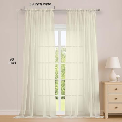 OWENIE Cream Sheer Curtains 96 Inch Long 2 Panels for Living Room 59" Wide - Image 2